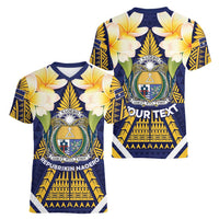 Personalised Nauru Independence Day Women V-Neck T-Shirt Coat Of Arms With Plumeria LT05 - Polynesian Pride