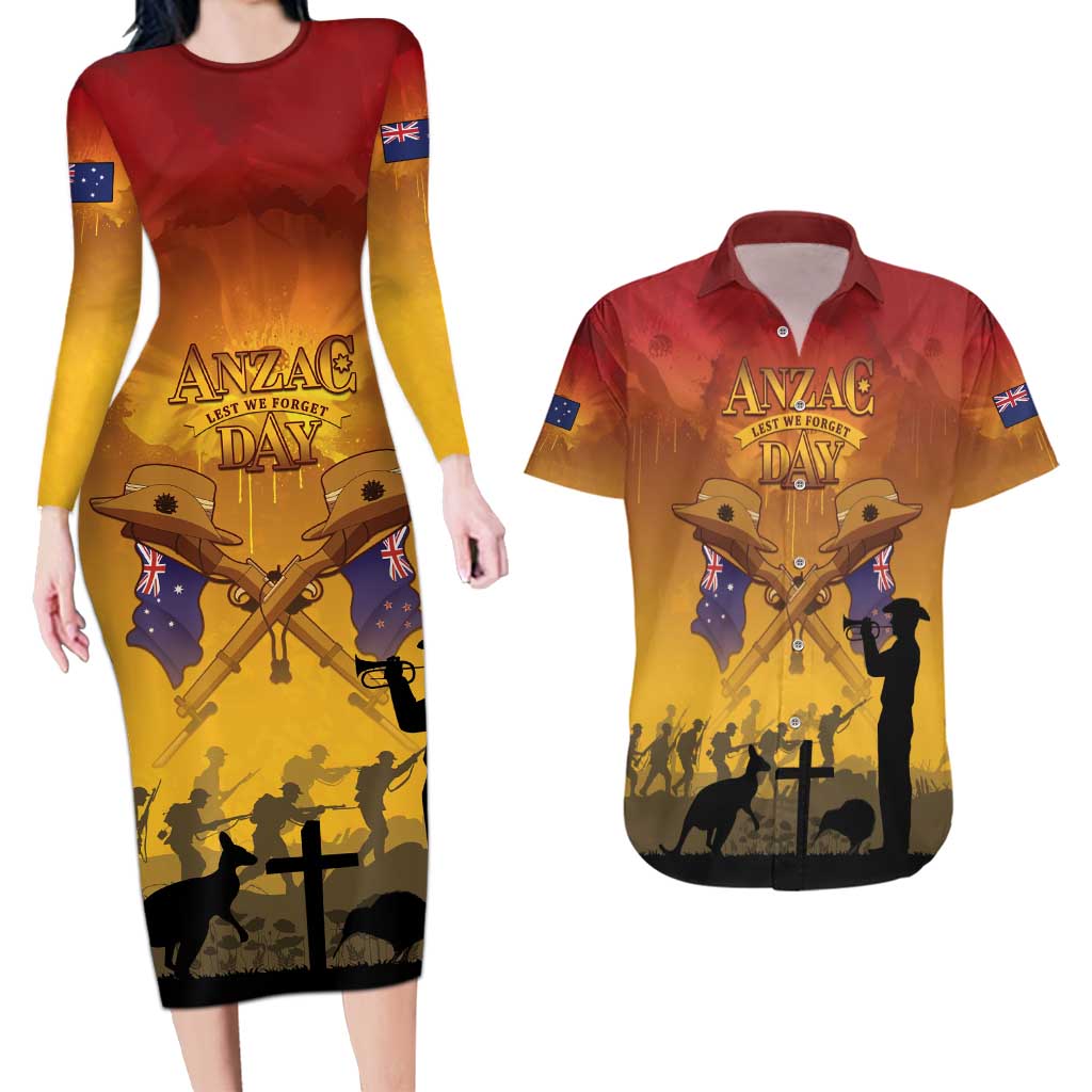 ANZAC Day Couples Matching Long Sleeve Bodycon Dress and Hawaiian Shirt Australia And New Zealand Slouch Hats