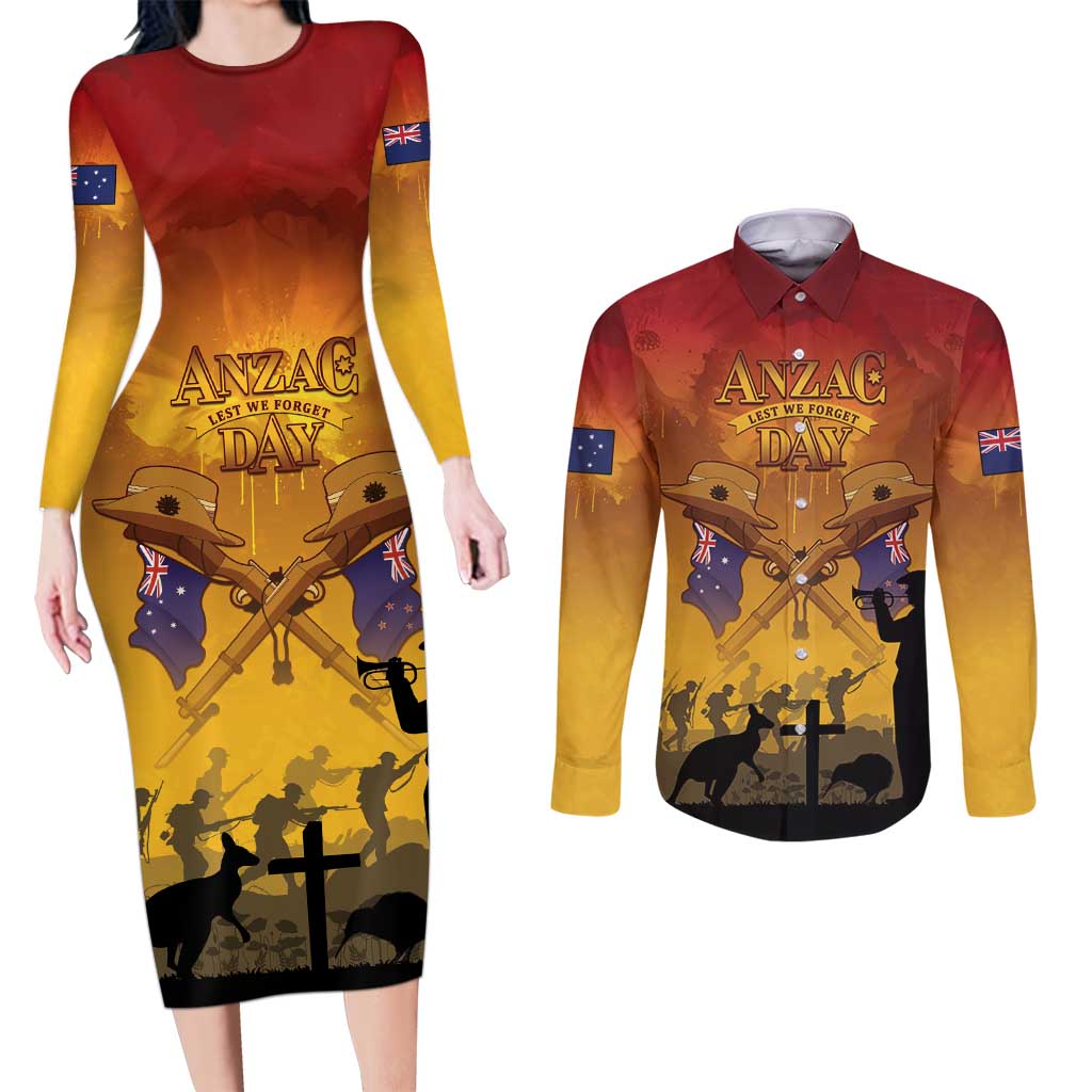 ANZAC Day Couples Matching Long Sleeve Bodycon Dress and Long Sleeve Button Shirt Australia And New Zealand Slouch Hats LT05 Yellow - Polynesian Pride