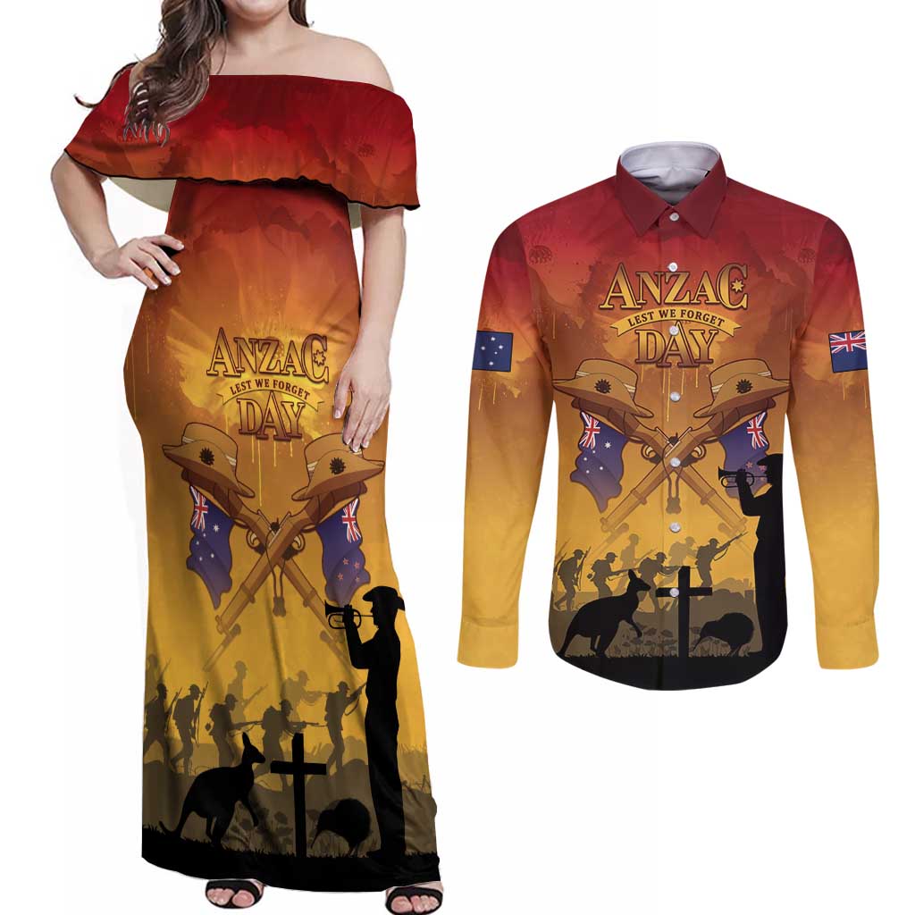ANZAC Day Couples Matching Off Shoulder Maxi Dress and Long Sleeve Button Shirt Australia And New Zealand Slouch Hats LT05 Yellow - Polynesian Pride