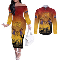 ANZAC Day Couples Matching Off The Shoulder Long Sleeve Dress and Long Sleeve Button Shirt Australia And New Zealand Slouch Hats LT05 Yellow - Polynesian Pride