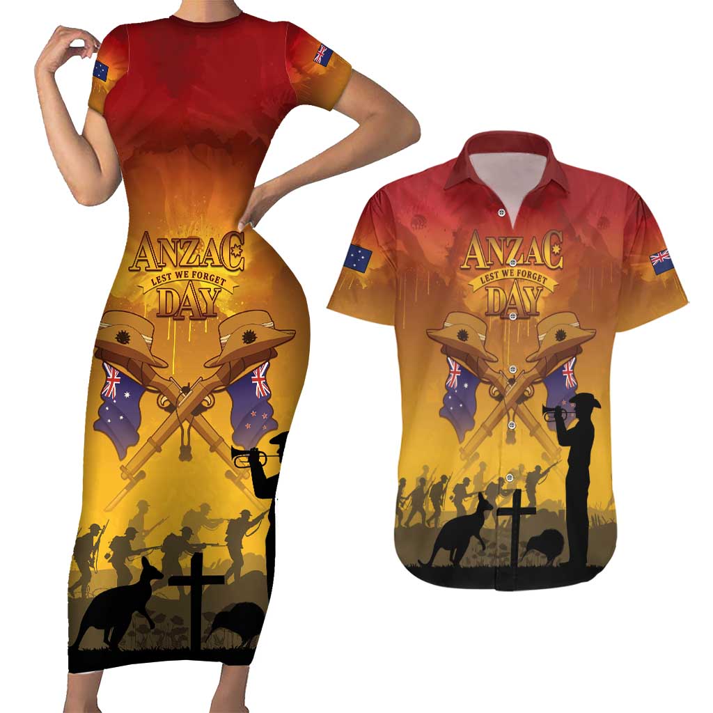 ANZAC Day Couples Matching Short Sleeve Bodycon Dress and Hawaiian Shirt Australia And New Zealand Slouch Hats