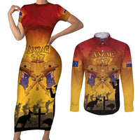 ANZAC Day Couples Matching Short Sleeve Bodycon Dress and Long Sleeve Button Shirt Australia And New Zealand Slouch Hats LT05 Yellow - Polynesian Pride