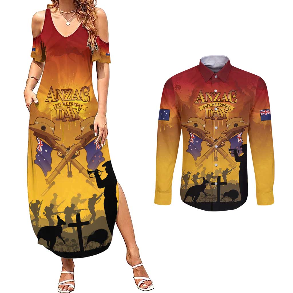 ANZAC Day Couples Matching Summer Maxi Dress and Long Sleeve Button Shirt Australia And New Zealand Slouch Hats