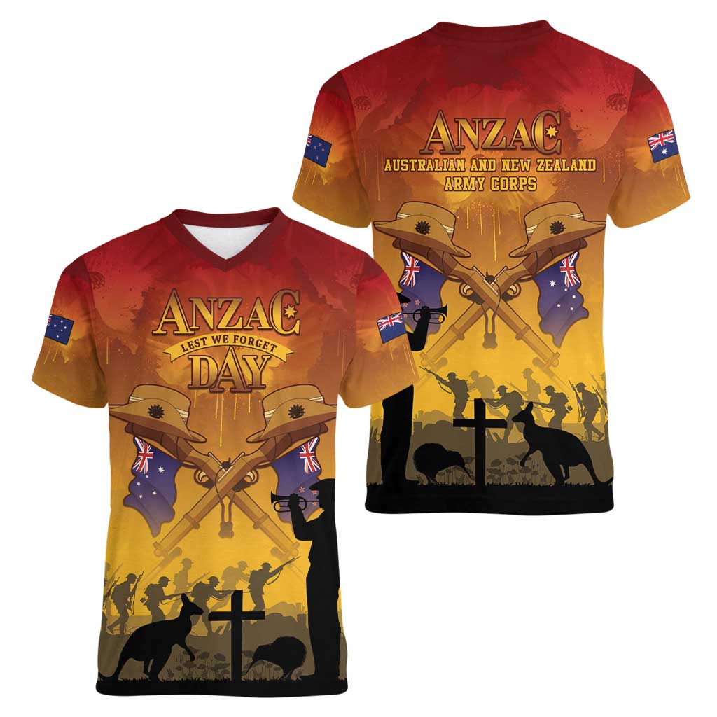 ANZAC Day Women V-Neck T-Shirt Australia And New Zealand Slouch Hats LT05 - Polynesian Pride