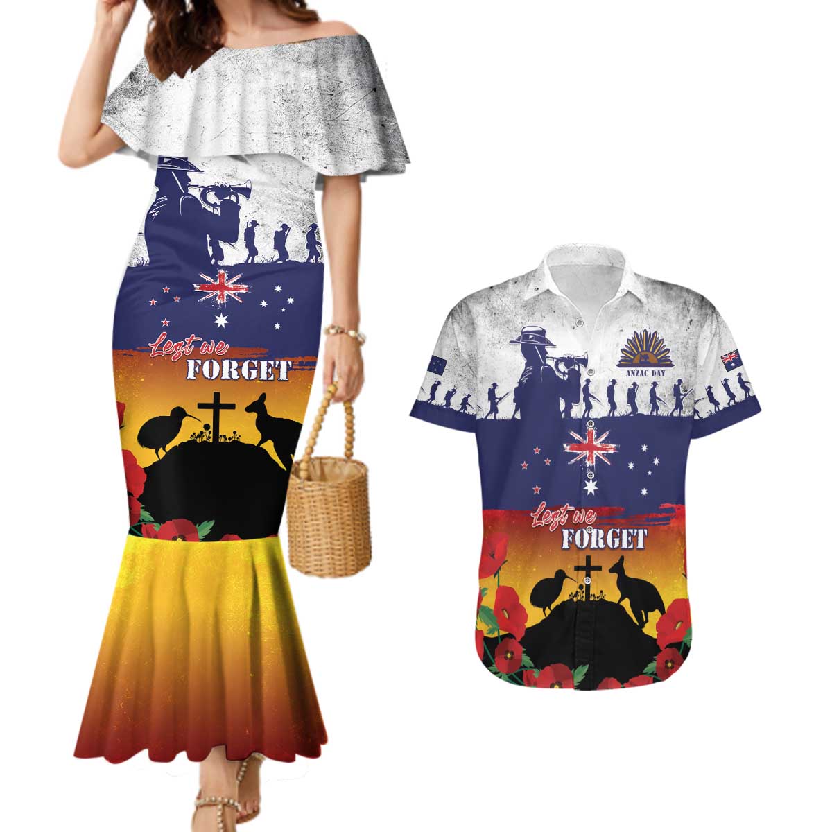 New Zealand And Australia ANZAC Last Post Couples Matching Mermaid Dress and Hawaiian Shirt