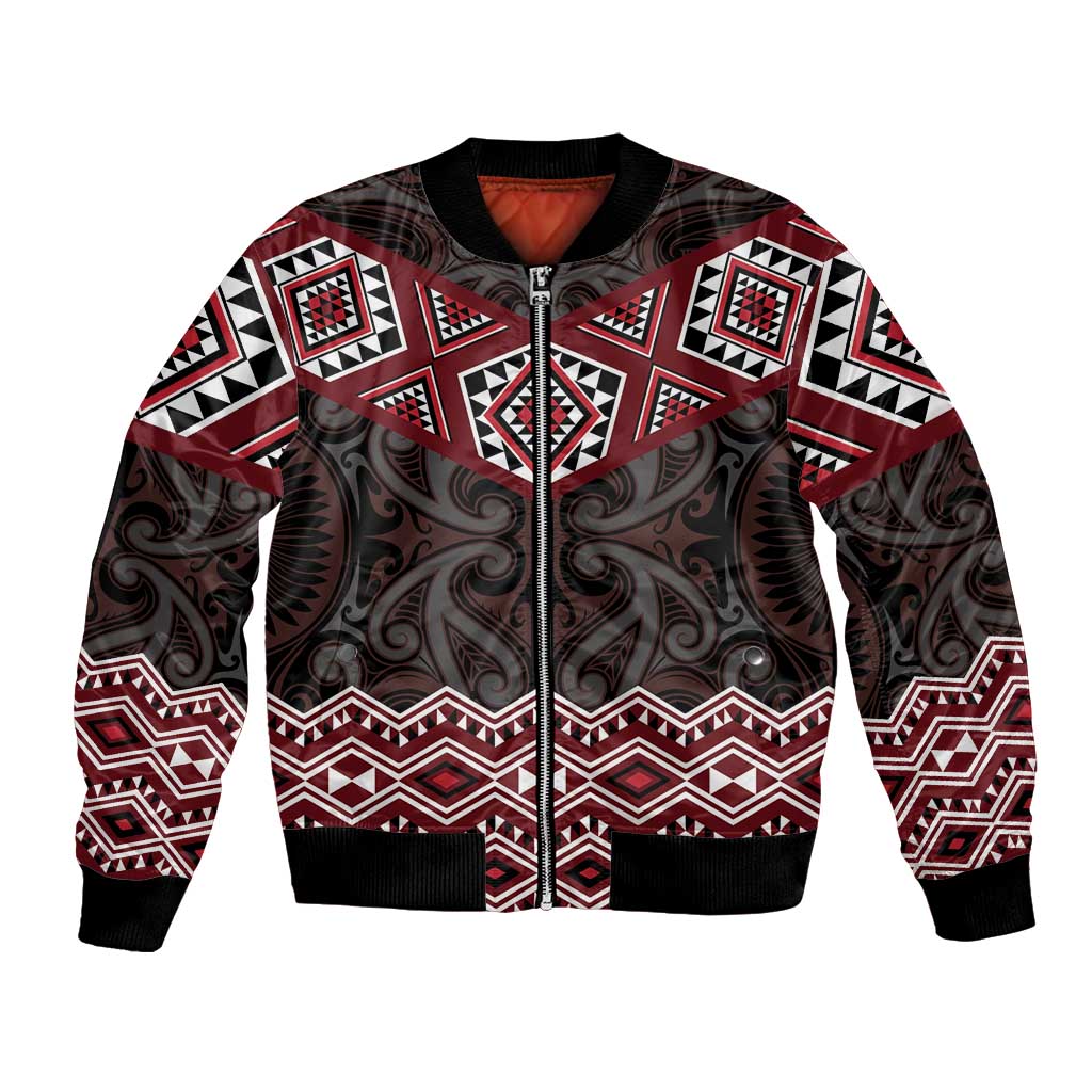 New Zealand Aotearoa Bomber Jacket Red Taniko Art Maori Pattern