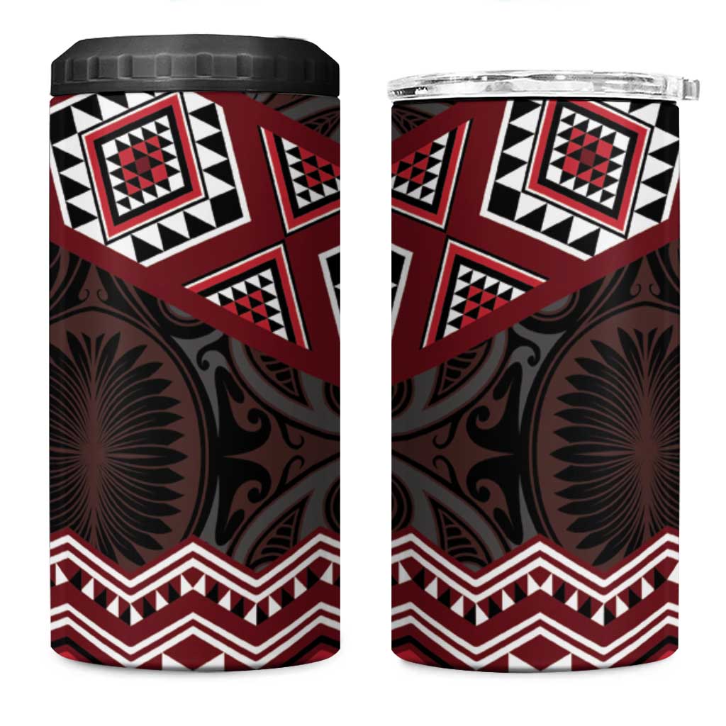 New Zealand Aotearoa 4 in 1 Can Cooler Tumbler Red Taniko Art Maori Pattern