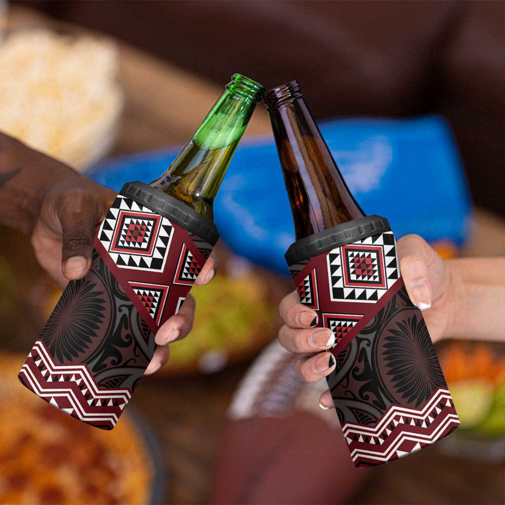 New Zealand Aotearoa 4 in 1 Can Cooler Tumbler Red Taniko Art Maori Pattern