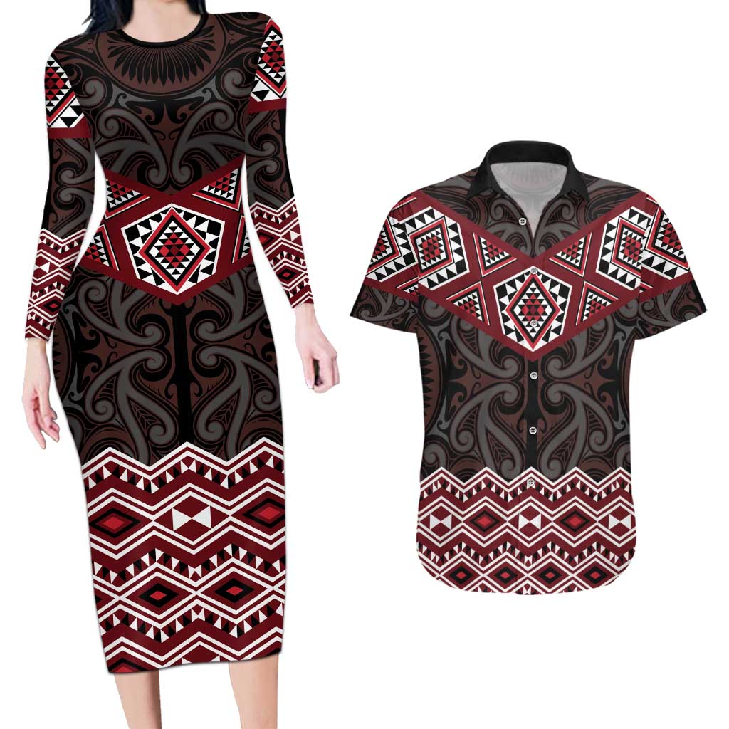 New Zealand Aotearoa Couples Matching Long Sleeve Bodycon Dress and Hawaiian Shirt Red Taniko Art Maori Pattern