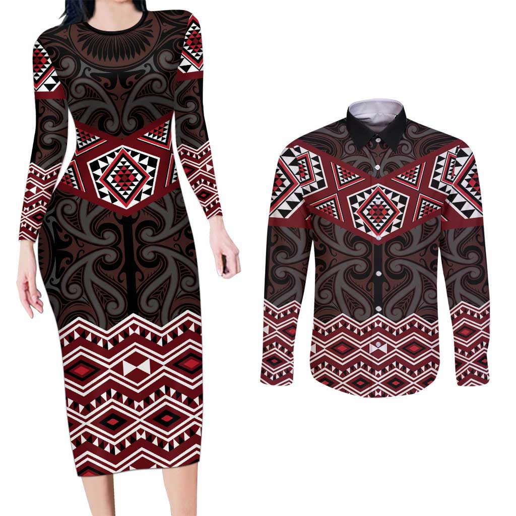 New Zealand Aotearoa Couples Matching Long Sleeve Bodycon Dress and Long Sleeve Button Shirt Red Taniko Art Maori Pattern