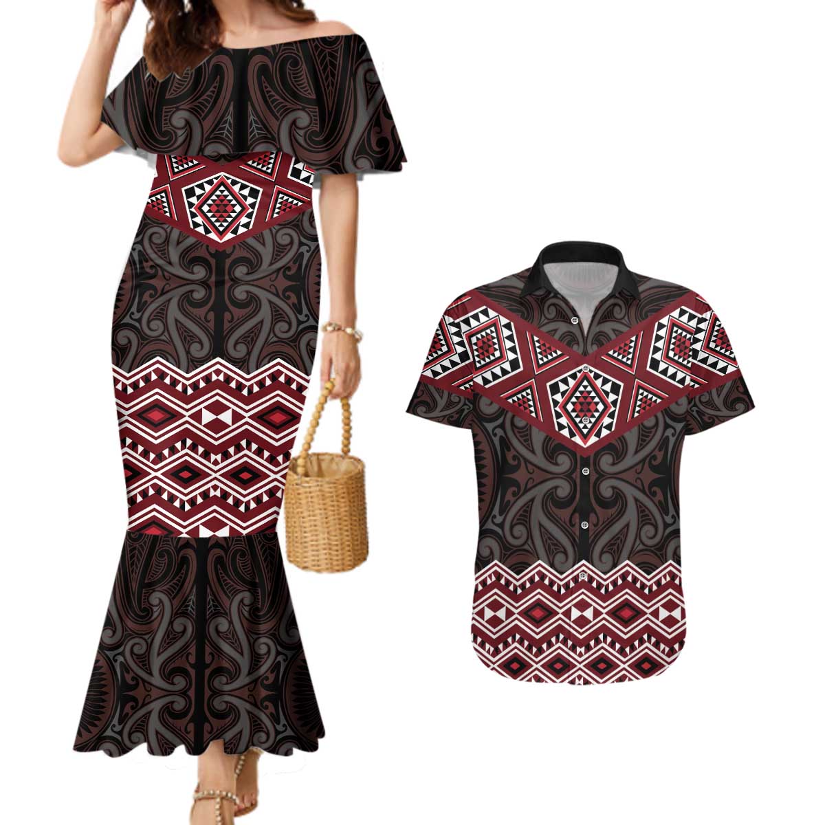 New Zealand Aotearoa Couples Matching Mermaid Dress and Hawaiian Shirt Red Taniko Art Maori Pattern