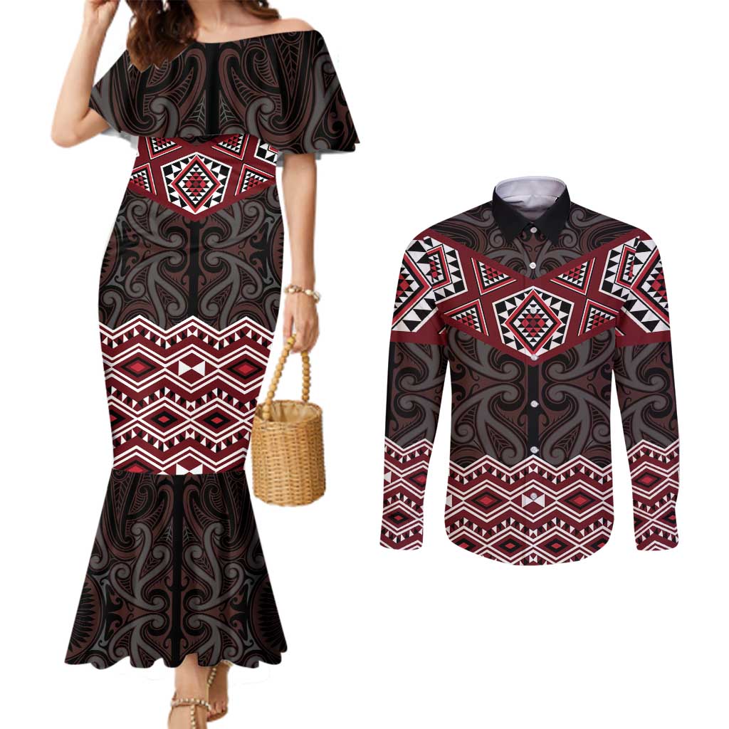 New Zealand Aotearoa Couples Matching Mermaid Dress and Long Sleeve Button Shirt Red Taniko Art Maori Pattern