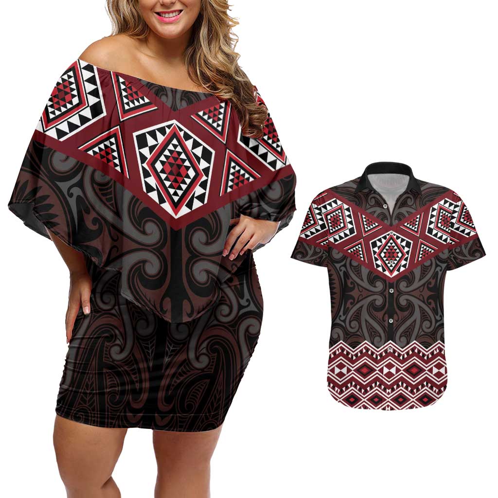 New Zealand Aotearoa Couples Matching Off Shoulder Short Dress and Hawaiian Shirt Red Taniko Art Maori Pattern