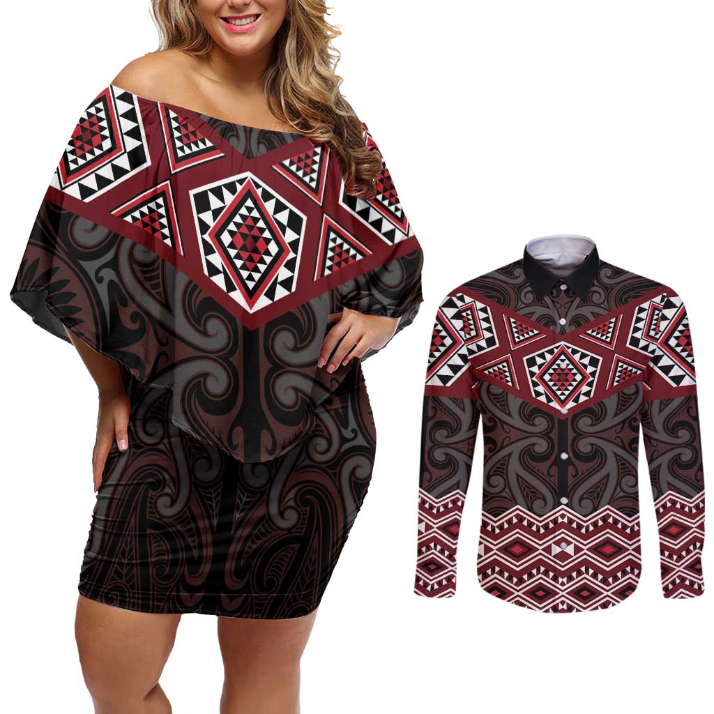 New Zealand Aotearoa Couples Matching Off Shoulder Short Dress and Long Sleeve Button Shirt Red Taniko Art Maori Pattern