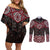 New Zealand Aotearoa Couples Matching Off Shoulder Short Dress and Long Sleeve Button Shirt Red Taniko Art Maori Pattern