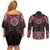 New Zealand Aotearoa Couples Matching Off Shoulder Short Dress and Long Sleeve Button Shirt Red Taniko Art Maori Pattern