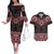 New Zealand Aotearoa Couples Matching Off The Shoulder Long Sleeve Dress and Hawaiian Shirt Red Taniko Art Maori Pattern