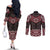 New Zealand Aotearoa Couples Matching Off The Shoulder Long Sleeve Dress and Long Sleeve Button Shirt Red Taniko Art Maori Pattern