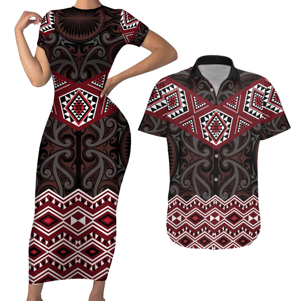 New Zealand Aotearoa Couples Matching Short Sleeve Bodycon Dress and Hawaiian Shirt Red Taniko Art Maori Pattern