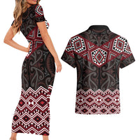 New Zealand Aotearoa Couples Matching Short Sleeve Bodycon Dress and Hawaiian Shirt Red Taniko Art Maori Pattern