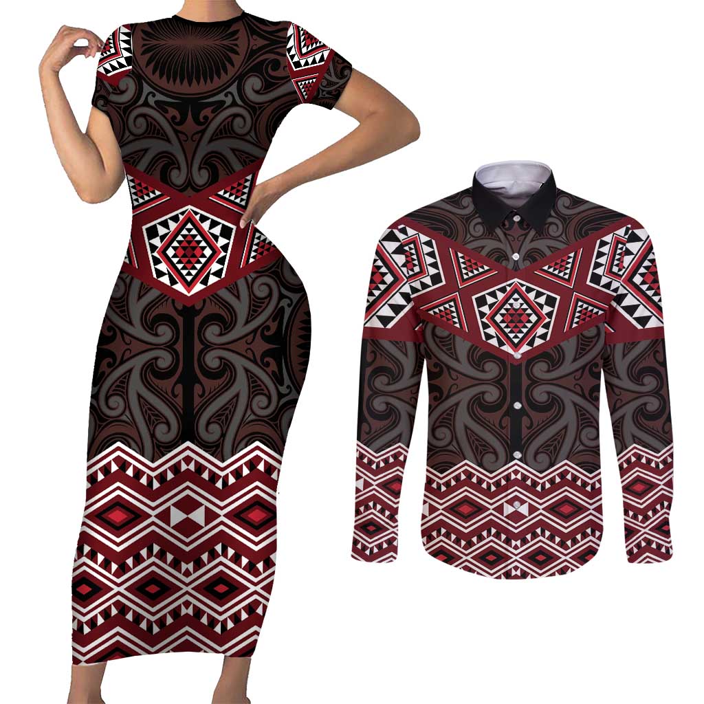 New Zealand Aotearoa Couples Matching Short Sleeve Bodycon Dress and Long Sleeve Button Shirt Red Taniko Art Maori Pattern