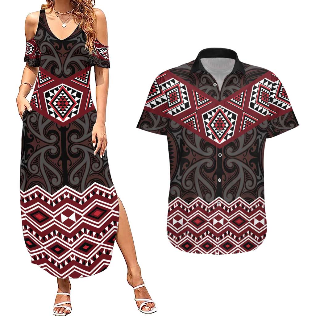 New Zealand Aotearoa Couples Matching Summer Maxi Dress and Hawaiian Shirt Red Taniko Art Maori Pattern