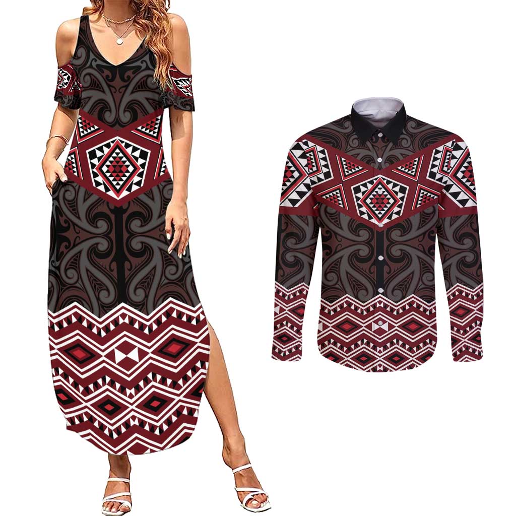 New Zealand Aotearoa Couples Matching Summer Maxi Dress and Long Sleeve Button Shirt Red Taniko Art Maori Pattern