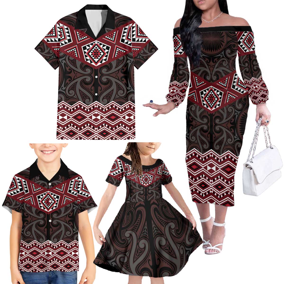 New Zealand Aotearoa Family Matching Off The Shoulder Long Sleeve Dress and Hawaiian Shirt Red Taniko Art Maori Pattern