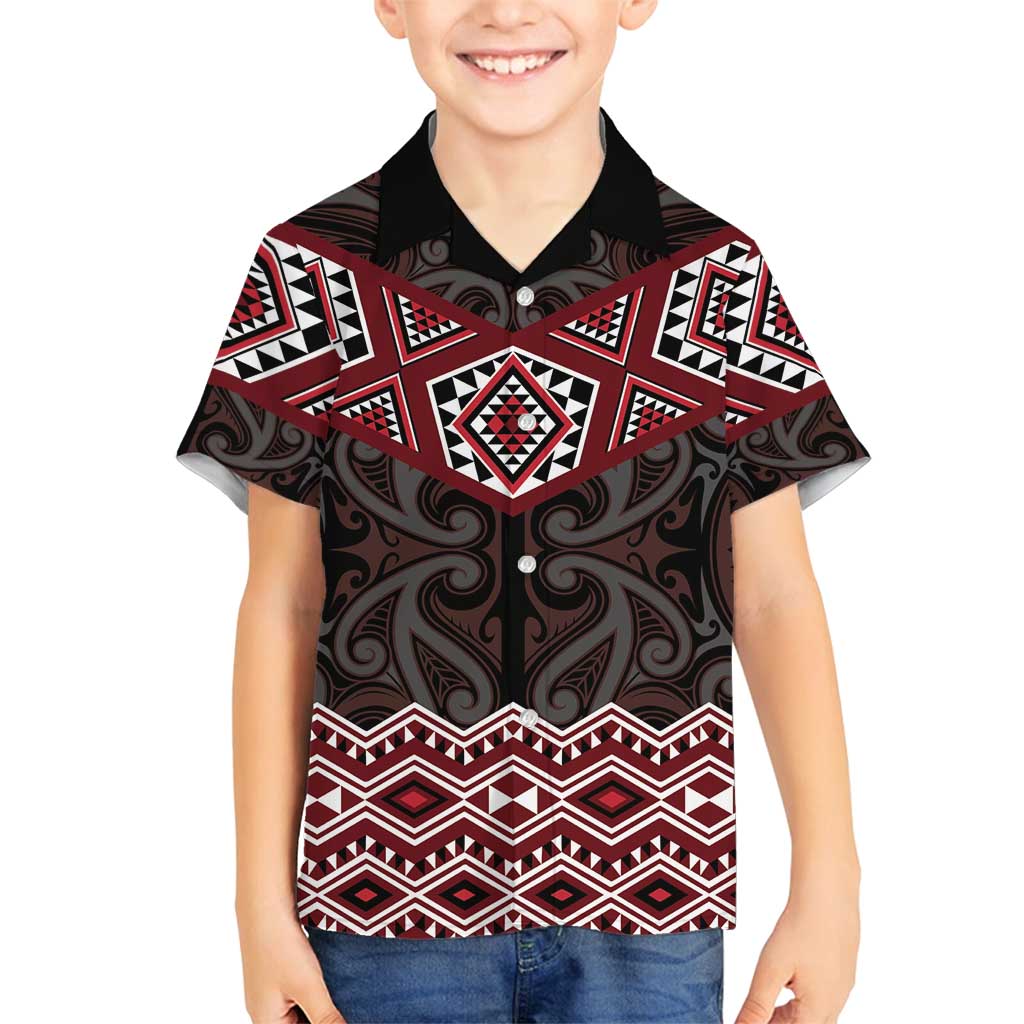 New Zealand Aotearoa Family Matching Off Shoulder Short Dress and Hawaiian Shirt Red Taniko Art Maori Pattern