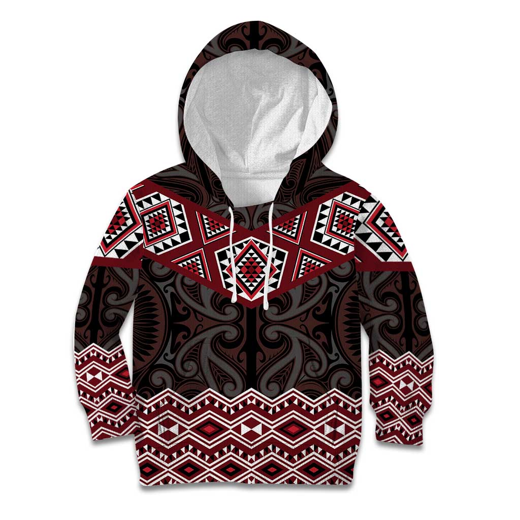 New Zealand Aotearoa Kid Hoodie Red Taniko Art Maori Pattern