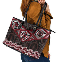 New Zealand Aotearoa Leather Tote Bag Red Taniko Art Maori Pattern