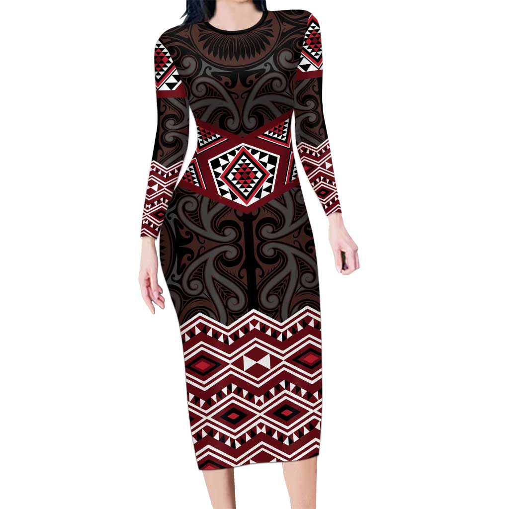 New Zealand Aotearoa Long Sleeve Bodycon Dress Red Taniko Art Maori Pattern