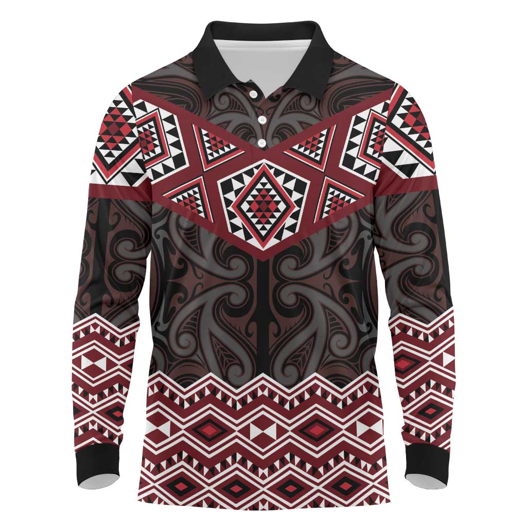 New Zealand Aotearoa Long Sleeve Polo Shirt Red Taniko Art Maori Pattern