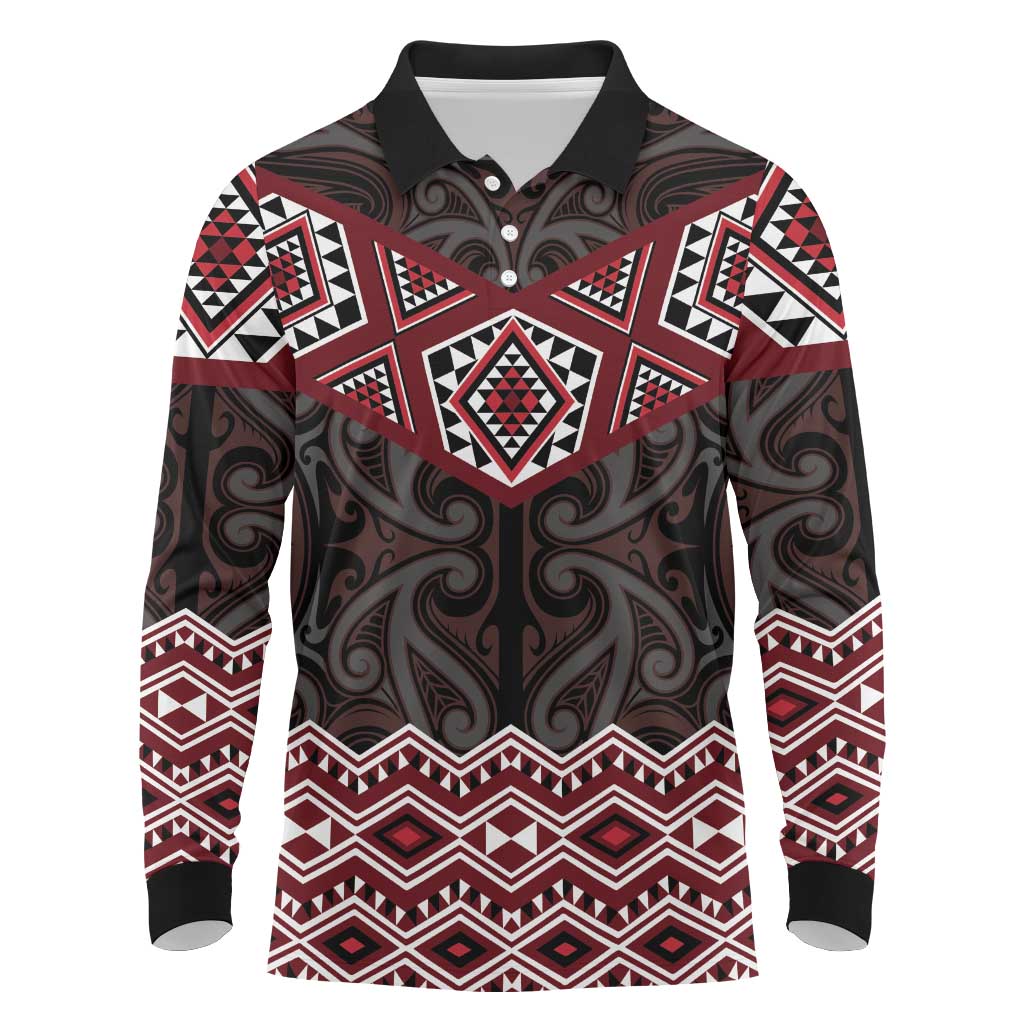 New Zealand Aotearoa Long Sleeve Polo Shirt Red Taniko Art Maori Pattern