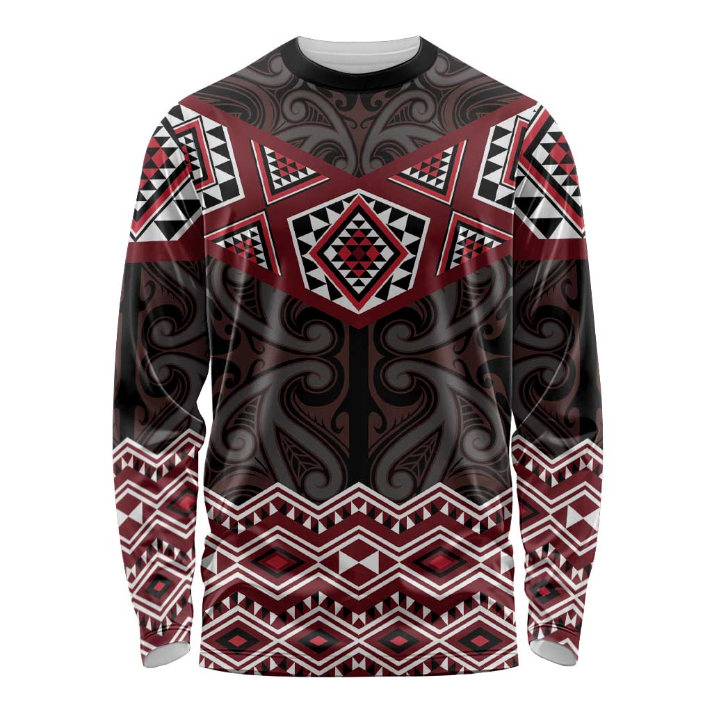 New Zealand Aotearoa Long Sleeve Shirt Red Taniko Art Maori Pattern