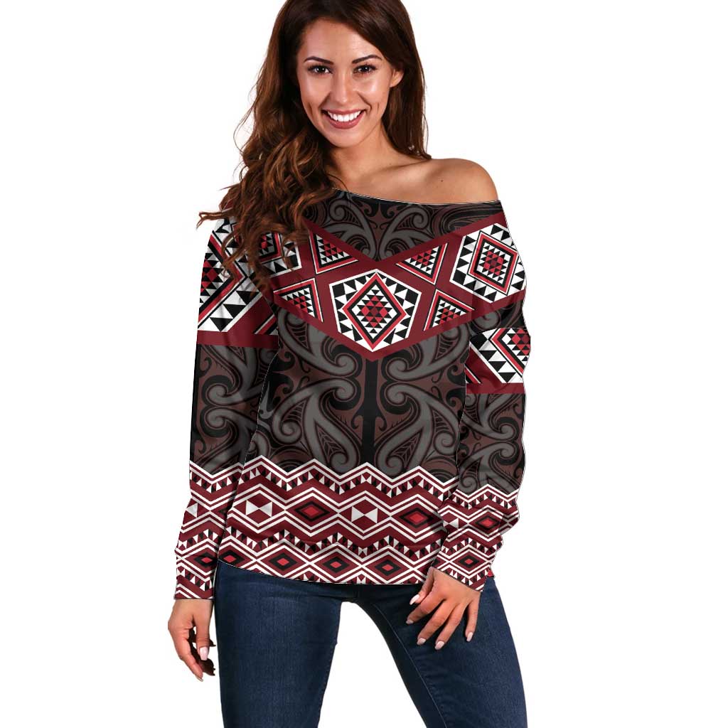 New Zealand Aotearoa Off Shoulder Sweater Red Taniko Art Maori Pattern