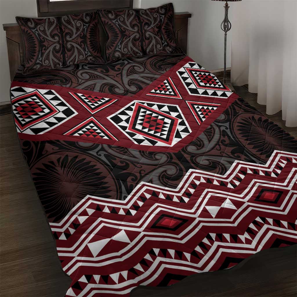 New Zealand Aotearoa Quilt Bed Set Red Taniko Art Maori Pattern