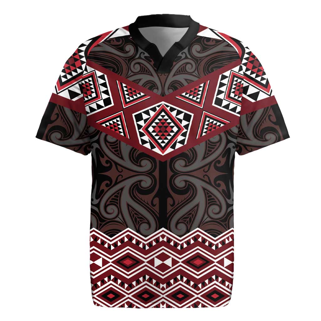 New Zealand Aotearoa Rugby Jersey Red Taniko Art Maori Pattern