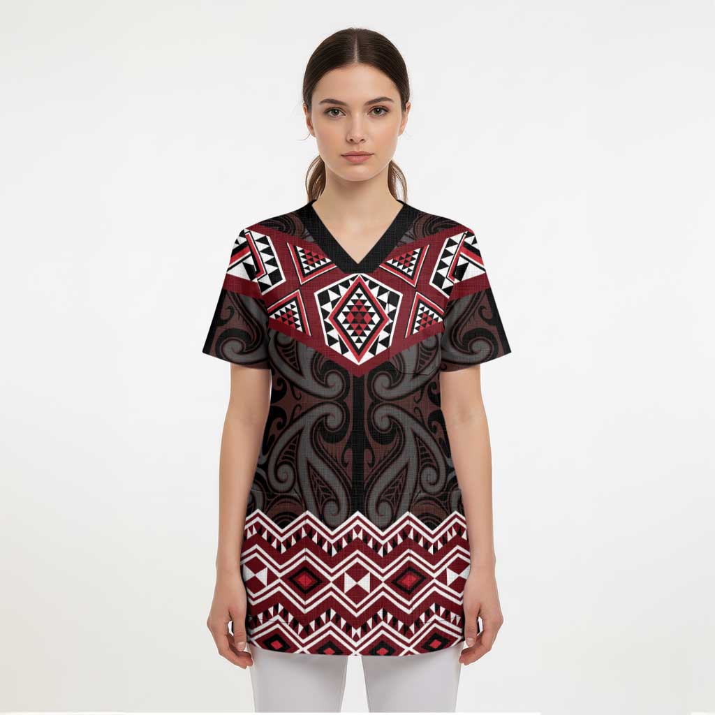 New Zealand Aotearoa Scrub Top Red Taniko Art Maori Pattern - Polynesian Pride