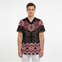 New Zealand Aotearoa Scrub Top Red Taniko Art Maori Pattern - Polynesian Pride