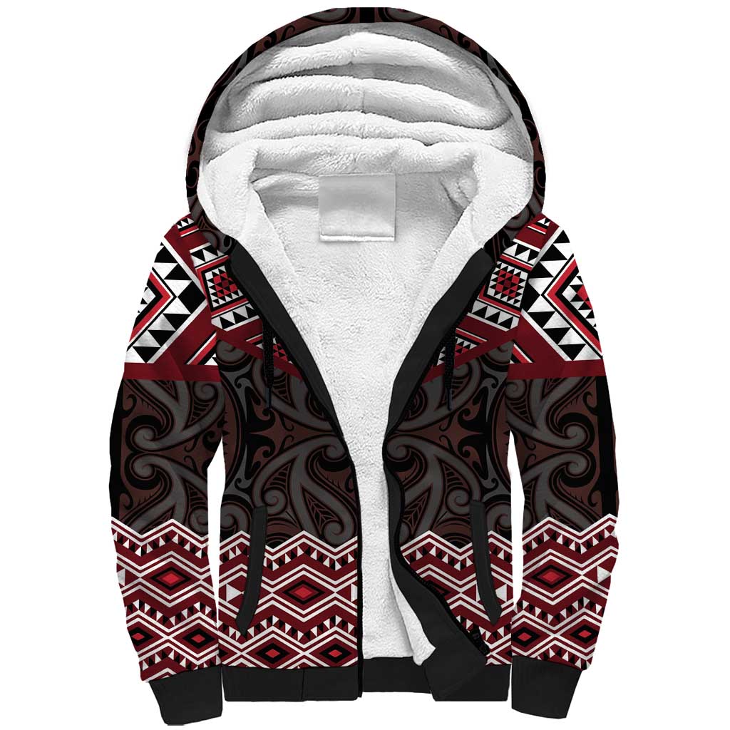 New Zealand Aotearoa Sherpa Hoodie Red Taniko Art Maori Pattern