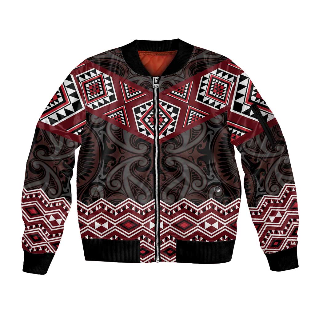 New Zealand Aotearoa Sleeve Zip Bomber Jacket Red Taniko Art Maori Pattern