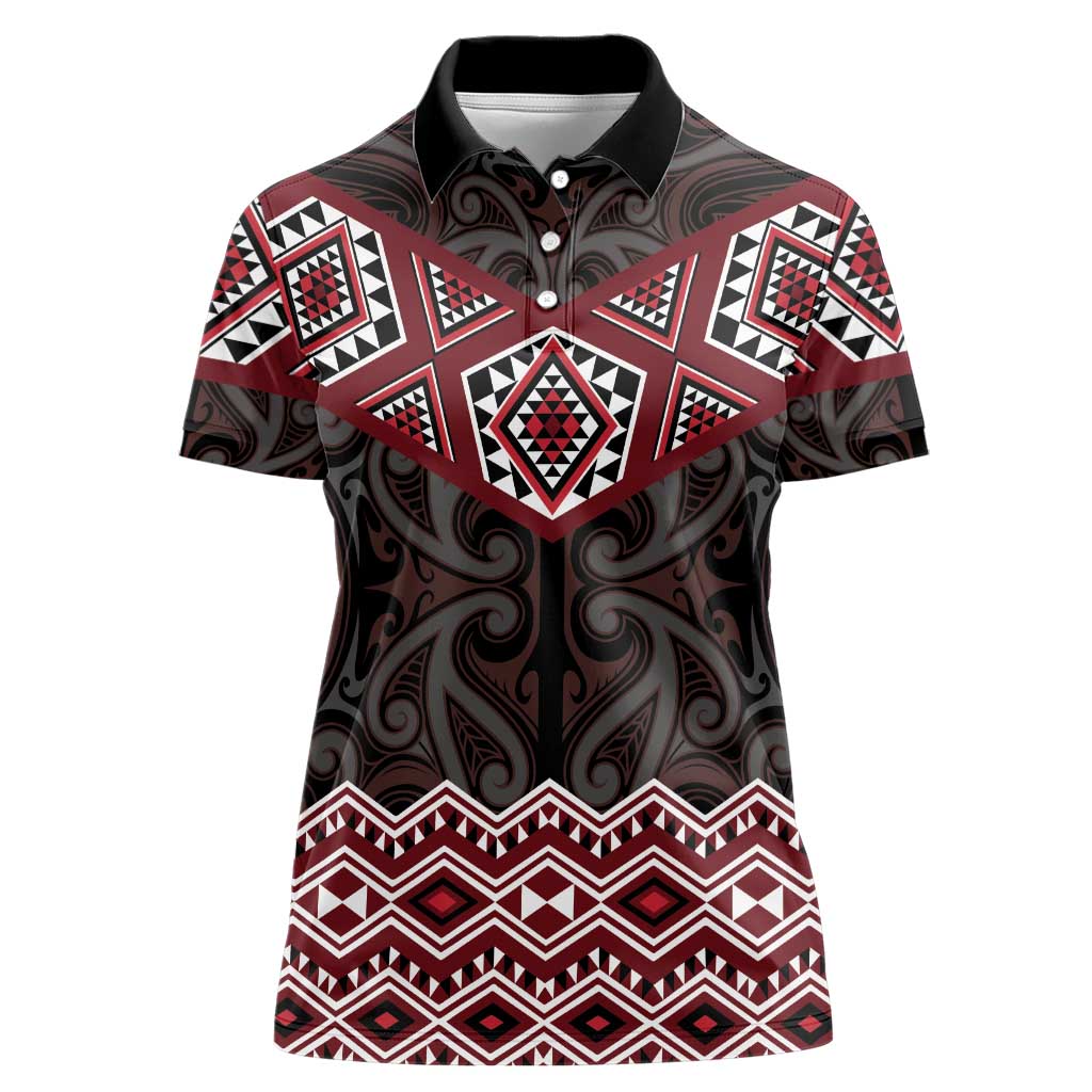 New Zealand Aotearoa Women Polo Shirt Red Taniko Art Maori Pattern