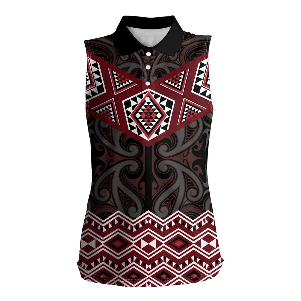 New Zealand Aotearoa Women Sleeveless Polo Shirt Red Taniko Art Maori Pattern