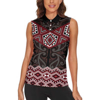 New Zealand Aotearoa Women Sleeveless Polo Shirt Red Taniko Art Maori Pattern