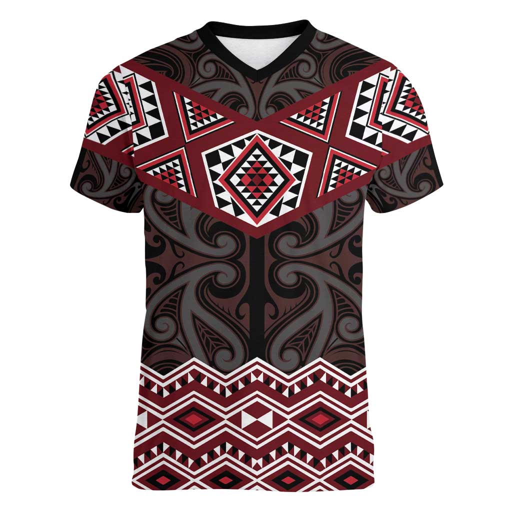 New Zealand Aotearoa Women V-Neck T-Shirt Red Taniko Art Maori Pattern