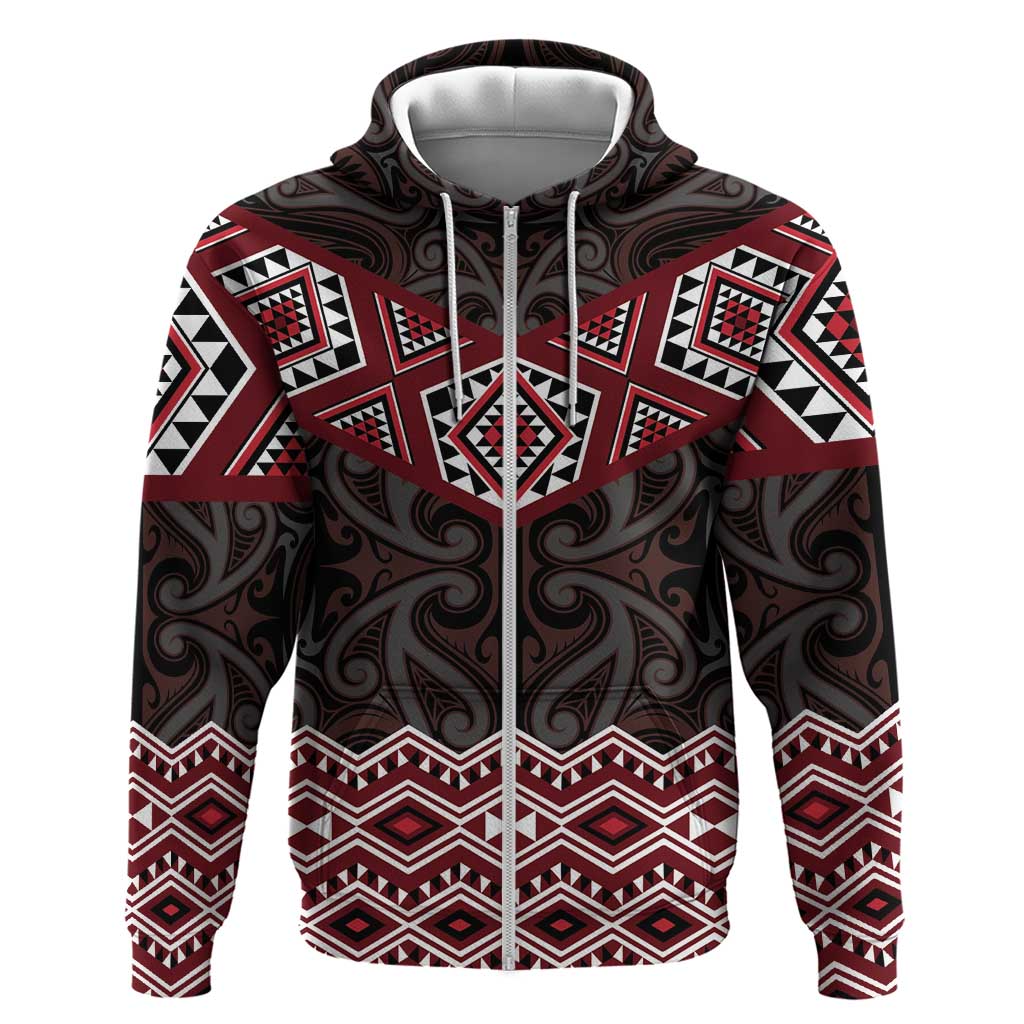 New Zealand Aotearoa Zip Hoodie Red Taniko Art Maori Pattern