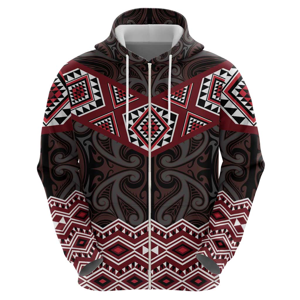 New Zealand Aotearoa Zip Hoodie Red Taniko Art Maori Pattern