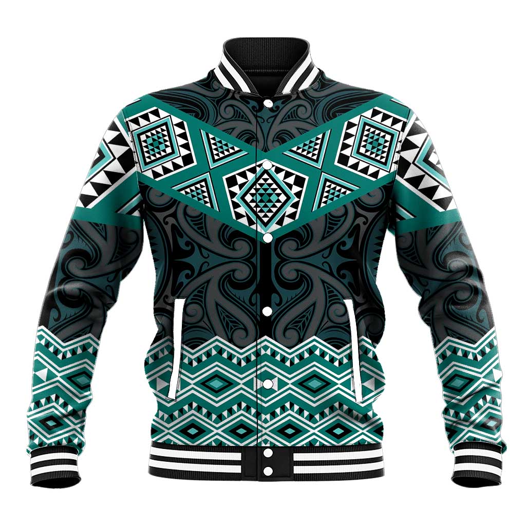 New Zealand Aotearoa Baseball Jacket Turquoise Taniko Art Maori Pattern